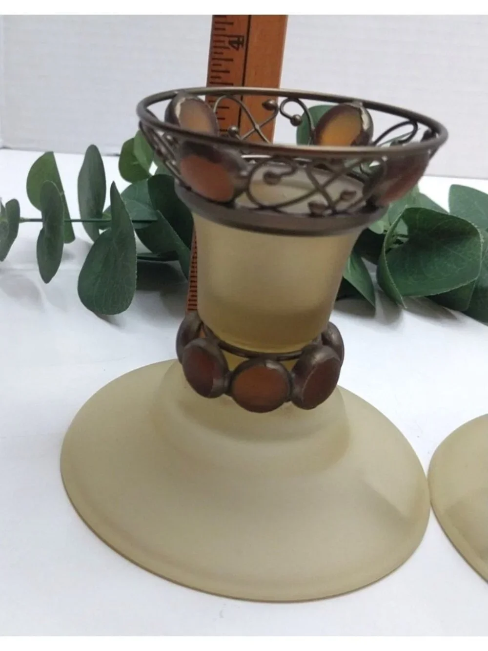Partylite Paris Frosted Glass Metal Tealight Candle Holders Amber Vintage Pair - Picture 6 of 7